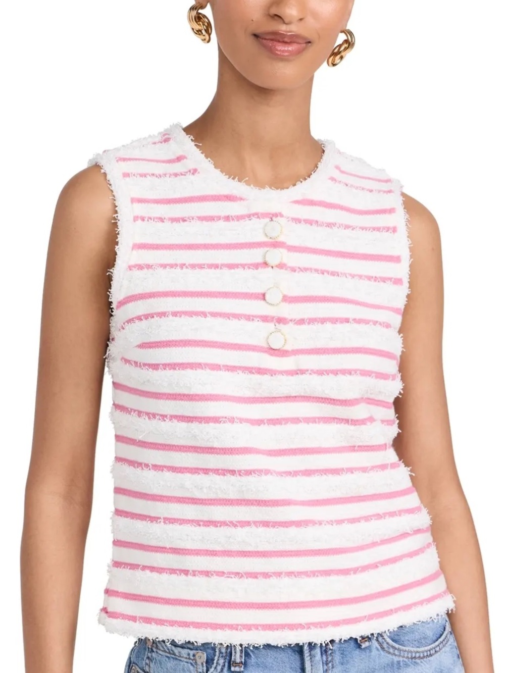 English Factory Sleeveless Pink & White Striped Fringe Knit Top, Size Small,NWOT